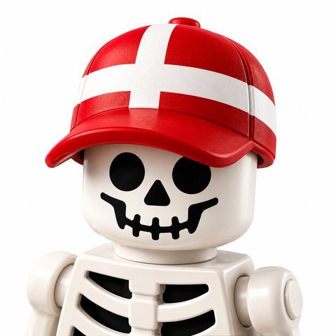Skuddi's LEGO logo: LEGO-skelet med dansk flag-kasket